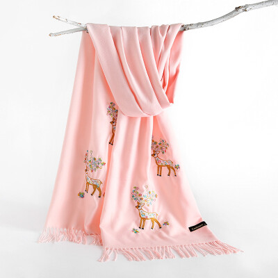 

New double-headed sika deer multicolored yarn embroidery solid color light thorn wool imitation cashmere scarf female warm shawl wholesale