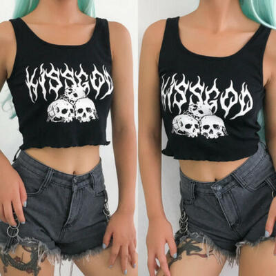 

Women Halloween Skull Print Crop Tank Tops Sleeveless Vest Short Blouse Shirt US