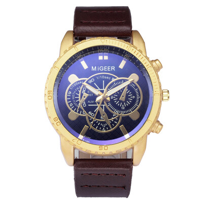 

Gobestart High-End New Geneva Mens Leather Strap Stainless Steel Quartz Analog Watch