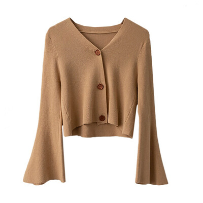 

Sweaters For Female Autumn Cardigan Trumpet Sleeve Knitted Solid Color Loose Sweaters Harajuku Sweet Women Jumpers