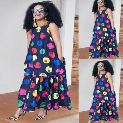 

Women&39s Summer Boho Print Sleeveless Loose Long Maxi Dress Party Beach Sundress