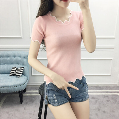 

Summer New Fashionable Design Ladylike Temperament Wavy-shaped Neckline Blouse Solid Slim Short-sleeved Knit Womens Top