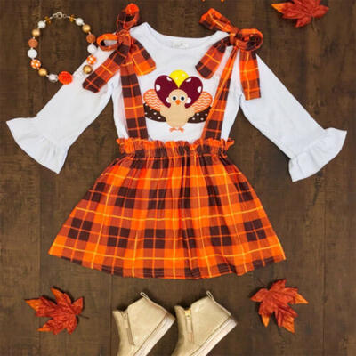 

Newborn Baby Girls Thanksgiving Clothes Turkey T-shirt Suspender Skirt Outfits