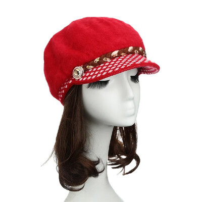 

New Fashion Women Hat Faux Rabbit Fur Slouchy Fit Knit Brim Rhinestone Button Decoration Casual Cap