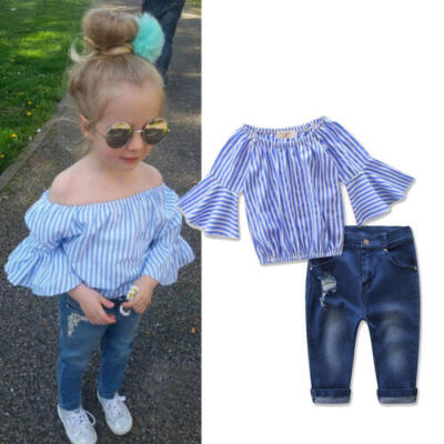 

US Toddler Baby Kids Girls Outfit Off Shoulder Shirt TopJeans Pants Clothes Set