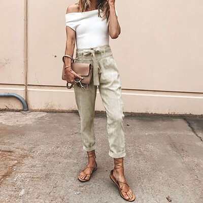 

Tailored Fashion Womens Leisure Solid Color Straight Strappy Cotton&Hemp Long Pants