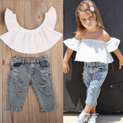 

UK Fashion Kid Baby Girls Off Shoulder Tops Holes Denim Pants Outfit Clothes hyt