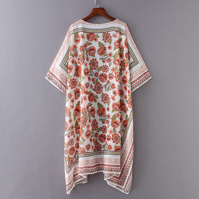 

New Women Chiffon Kimono Cardigan Floral Print Split Boho Loose Outerwear Beach Bikini Cover Up White