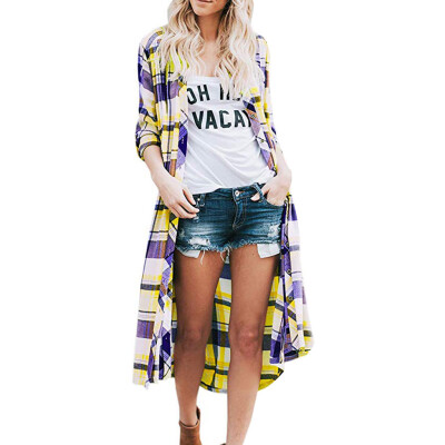 

Toponeto Womens Lightweight Long Cardigan Casual Plaid Print Open Front Kimono Outwear