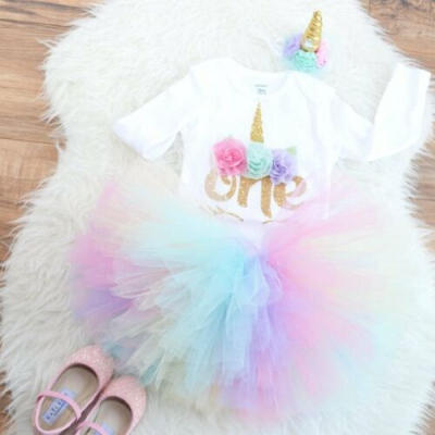 

AU Baby Girl Unicorn 1st One Year Birthday Outfit Romper Tutu Skirt Headband Set