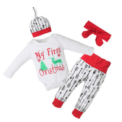 

4pcs Christmas Baby Letter Deer Print Romper Arrow Pants Hat Headband Set