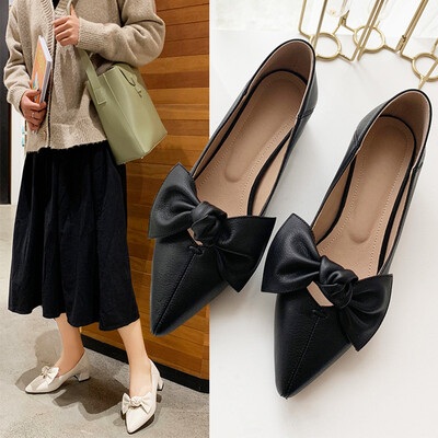 

New spring shoes fashion pointed thick with bow shallow mouth single shoes female with leather sho