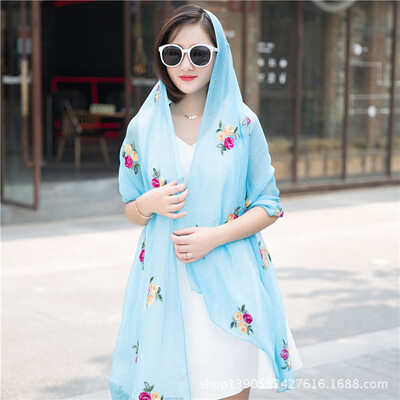 

Factory direct new national wind scarf simulation silk scarf summer thin embroidered silk scarf sunscreen shawl wholesale