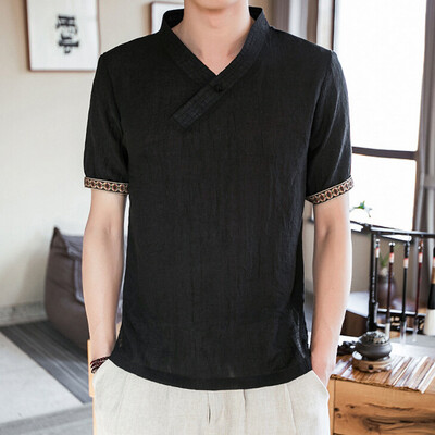 

Mens Linen Short Sleeve Summer Solid Shirts Casual Loose Soft V Neck Tops Tee