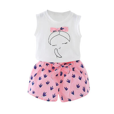 

2pcs Baby Kids Girls Art Print Bowknot Decor Summer TopsLace Up Shorts