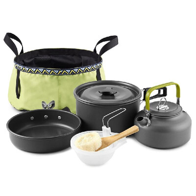 

Outdoor 10Pcs Camping Cookware Mess Kit Backpacking Cooking Pot Pan Set Kettle with Folding Wash Basin Bucket for 2 - 3 People