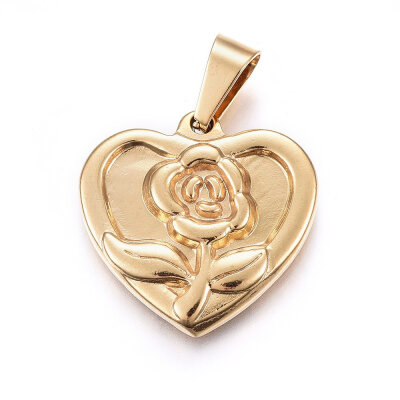 

304 Stainless Steel Pendants Heart with Flower Golden 25x25x35mm Hole 9x5mm