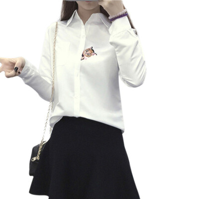 

Summer Cat Pattern Embroidery White Womens Shirt Simple New Style Fashion Design Casual Style Lapel Long-sleeved Blouse