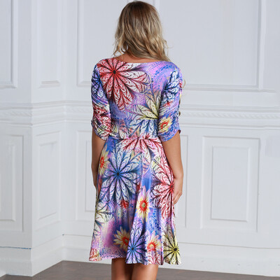 

Women Plus Size Dress Colorful Floral Print V Neck Half Sleeve Midi Slim Elegant One-Piece Purple