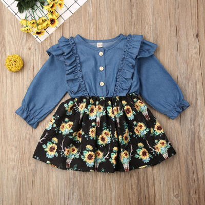 

Toddler Kids Baby Girl Floral Ruffle Denim Long Sleeve One Piece Dress Princess Dresses Clothes 0-4 Years