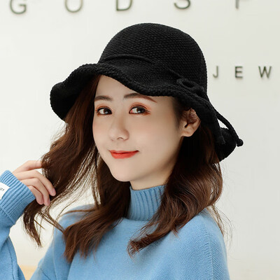

2019 autumn&winter new Korean knitted woollen hat pure color lady turn over the rope bow warm the basin cap