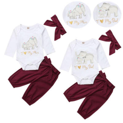 

Cute Newborn Baby Girls Love Dad Mom Romper Tops Pants Headband 3Pcs Outfits Set