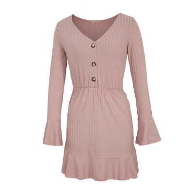 

Autumn And Winter New Solid Color Long-sleeved V-neck Knit Dress