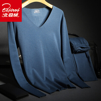 

Arctic velvet graphene free cut velvet sanding mens thermal underwear men&women cotton wool bottoming shirt V-neck autumn clothing long pants suit mens denim blue XL