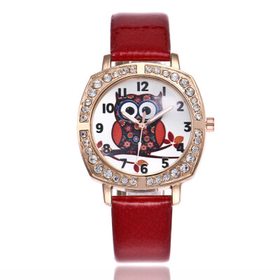 

Lady cute owl cartoon watch square dial with diamonds English table