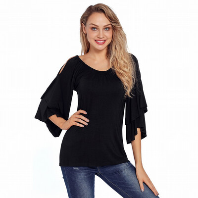 

Solid color round neck lotus leaf pendulum sleeves casual fashion shirt womens