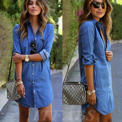

Womens Longline Denim Shirt Dress Ladies Jean Dresses Size 4 6 8 10 12 Blue USA