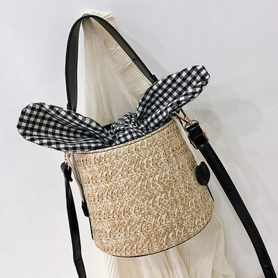 

2019 Spring&Summer New Korean version of Womens handmade Weaving bag beach single shoulder slanted casual braided bucket bag