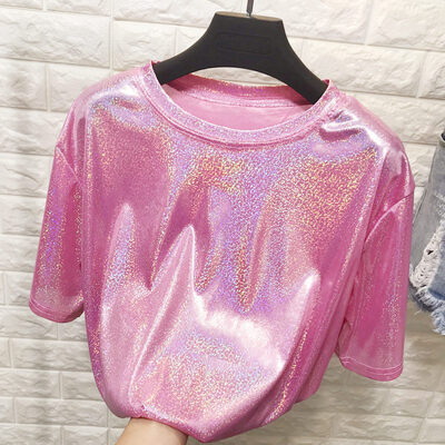 

Bright Silk Women Nightclub T-shirt O Neck Casual Short Sleeve Ladies T-Shirt Fashion Wear Summer Party Tops