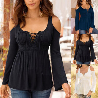 

Black Women Ladies Casual Cold Shoulder Tops T-Shirt Loose Long Sleeve Blouse US