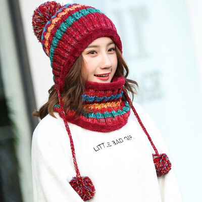 

New Fashion Women Girls Thicken Crochet Winter Warm Hats Scarf set Outdoor Ski Wool Beanie Caps