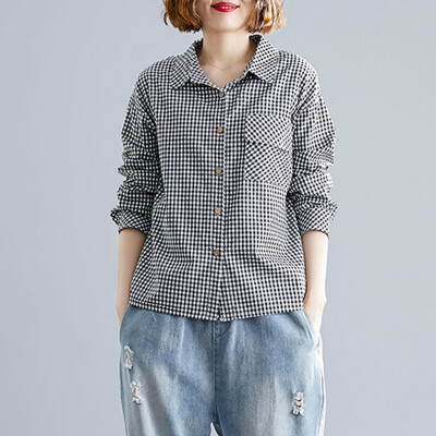 

Tailored Women Autumn Checked Button Down Shirts Long Sleeve With Pocket Blouse Tops