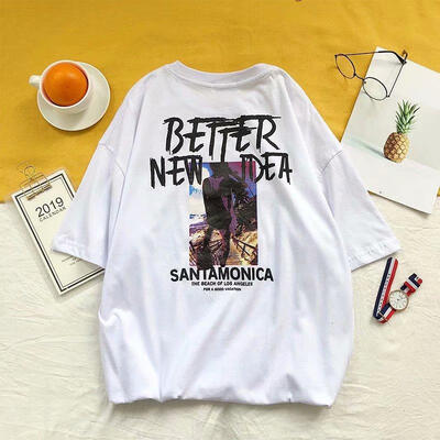 

2019 Summer Mens Back Print Short-sleeved Shirt Korean Version Of The Loose Youth Round Neck Tide TEE Couple