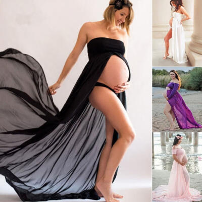 

Pregnant Women Long Maxi Gown Photography Chiffon High Slit Maternity Dress Lady