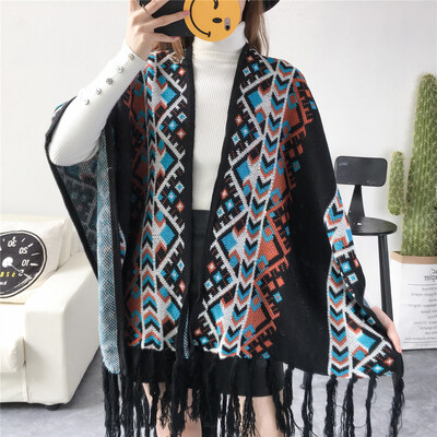 

Bohemian national wind winter shawl scarf dual-use female spring&autumn thick long wool cloak cape coat