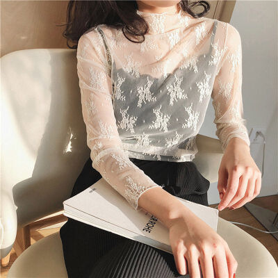 

Summer Women Lace Floral Embroidery Blouses Shirt Ladies Tops Sexy Mesh Blouses Transparent Elegant See-through Black Shirt