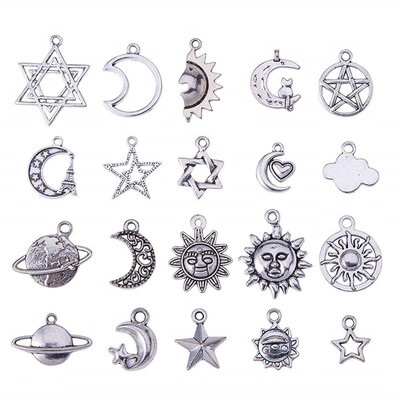 

PH PANDAHALL 40 Pcs Tibetan Alloy Stars Sun Moon Planet Universe Charms Pendants 20 Styles Crafting