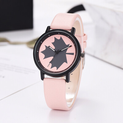 

Modern Watch Women Black Maple Leaf Pattern Fashion Quartz Wristwatch High Quality Leather Strap Casual Female Montre Femme