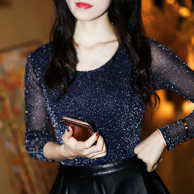 

Women Fishnet Mesh Crop Tops Long Sleeve See Through T-shirt Blouse Tee Tank Top