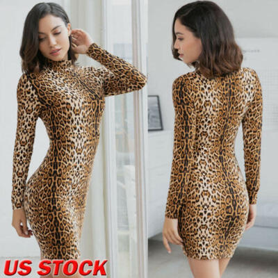 

Woman Sexy Long Sleeve Bodycon Dress Leopard Printed O Neck Evening Party Club