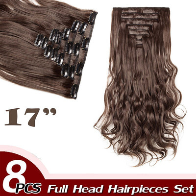 

Full Head Clip Synthetic in Hair Extensions 8 Piece 18 Clips Hairpiece Long Wave Curly Straight for Women