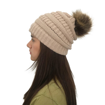 

Tailored Women Autumn Winter Outdoor Faux Fur Ball Hats Crochet Knit Holey Beanie Cap