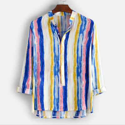 

Mens Casual Hawaiian Shirt Colored Striped Long Sleeve Loose Casual V-Neck