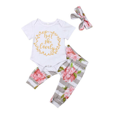 

3PCS Newborn Baby Girl Clothes Shorts Sleeve Romper Tops Flower Pants Outfit
