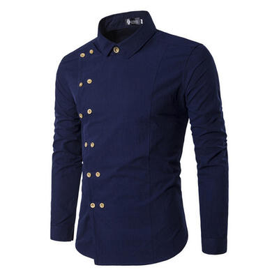 

Fashion Gold Double Breasted Mens Shirt Casual Slim Long Sleeve Base Shirt Tops