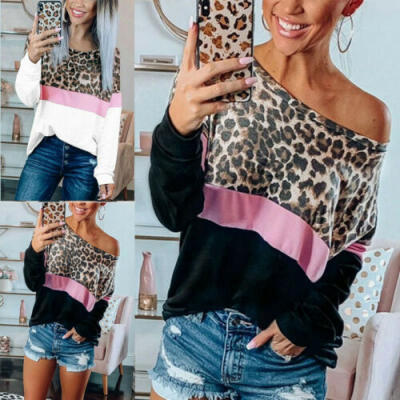 

Women Leopard Long Sleeve Loose T-Shirt Ladies Casual Round Neck Blouse Tops Tee